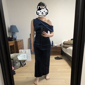 Zara ZW Collection Off Shoulder Velvet Midi Dress In Navy